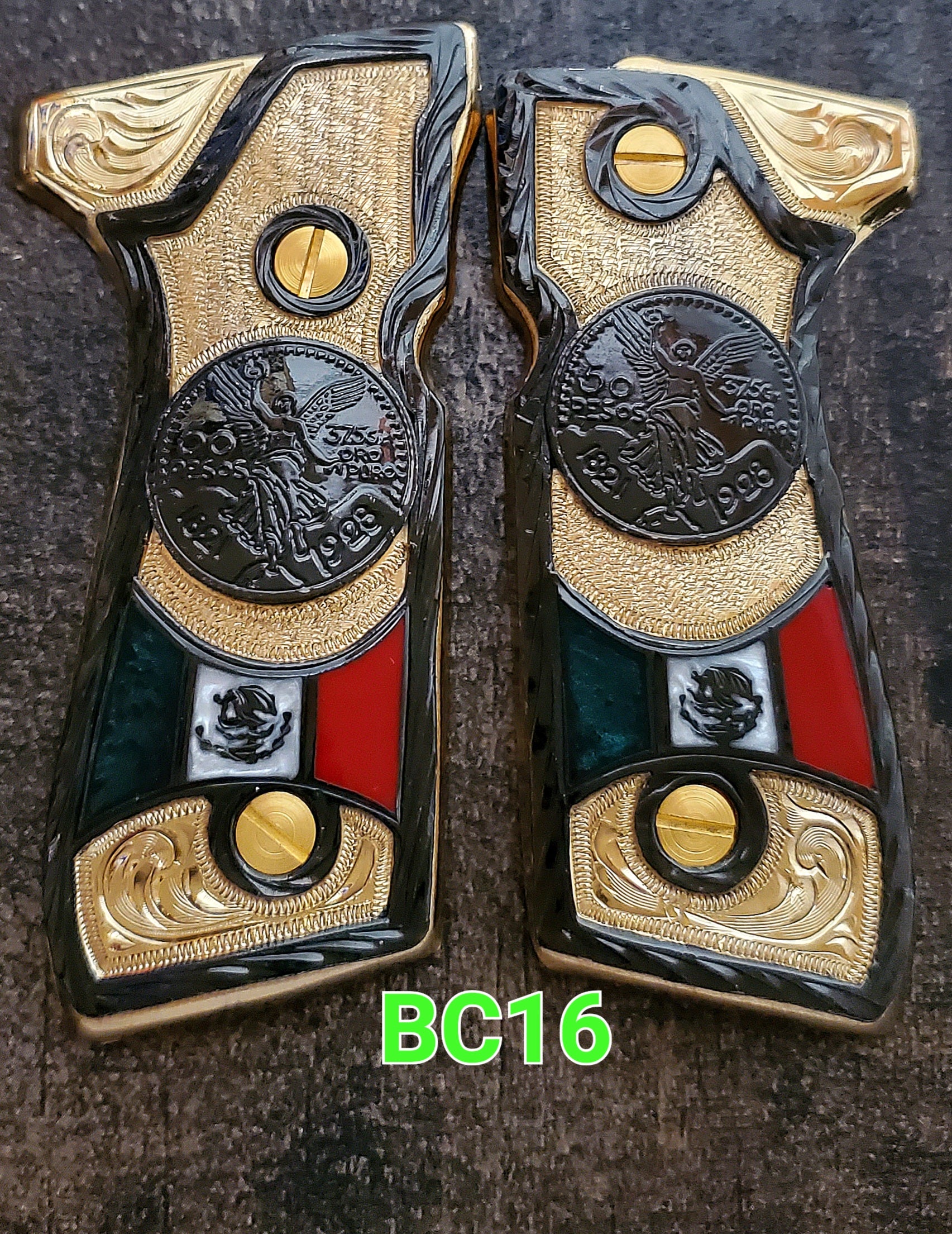 centenarios silver,black,golden custom made beretta 92fs cachas pistol grips 24k gold Plated