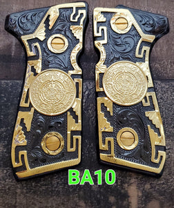 Calendario azteca premium custom made beretta 92fs cachas pistol grips 24k gold Plated