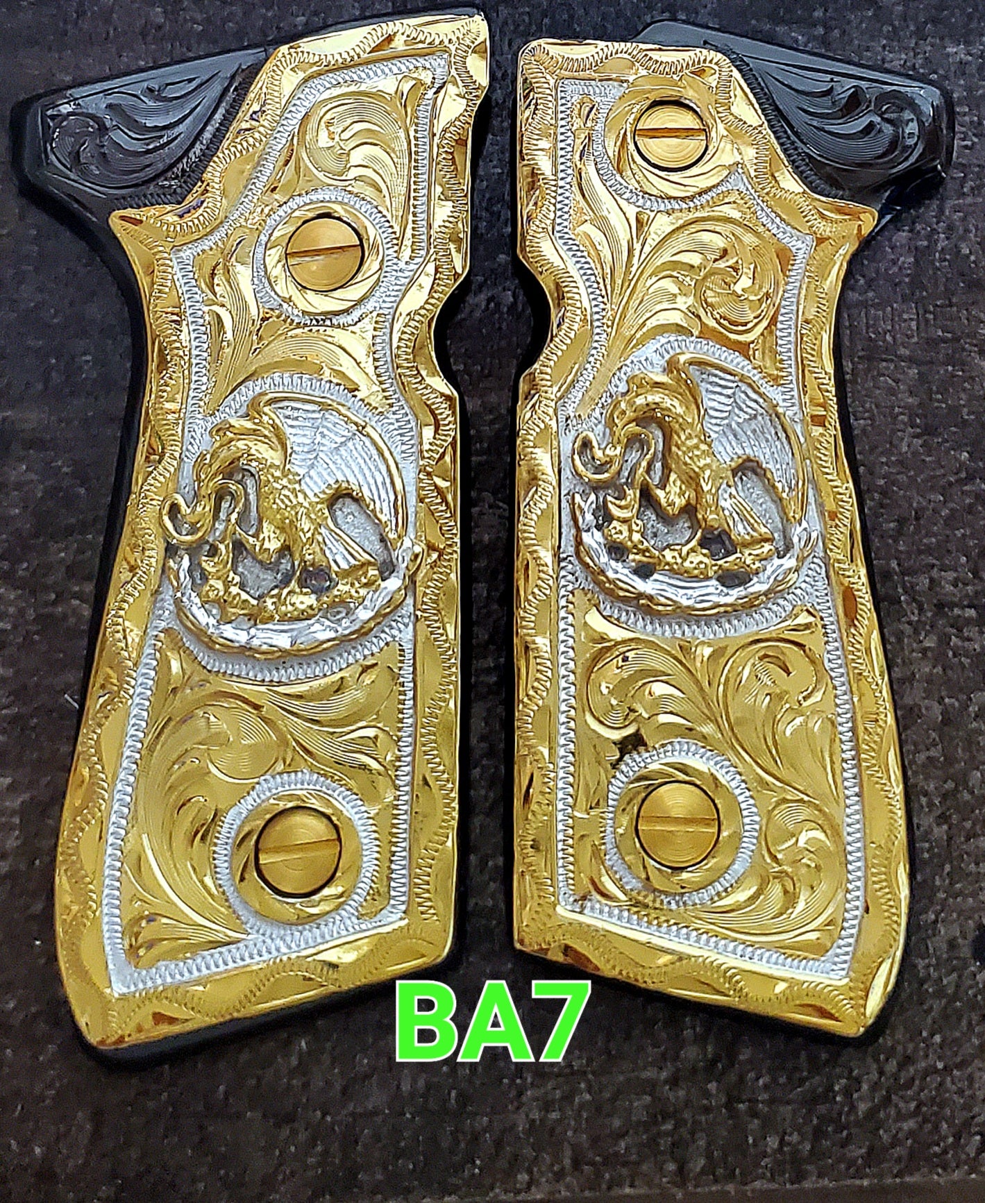 Mexican eagle aguila mexicana Premium pietro beretta 92fs narco style grips 24k gold Plated custom made engraved