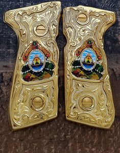 Cachas Honduras shield Premium pietro beretta 92fs mexican narco style grips 24k gold Plated custom made engraved