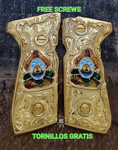 Cachas Honduras shield Premium pietro beretta 92fs mexican narco style grips 24k gold Plated custom made engraved