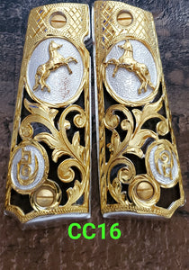 1911 caballitos logo narco mexican style government gun grips cachas 24k gold plated