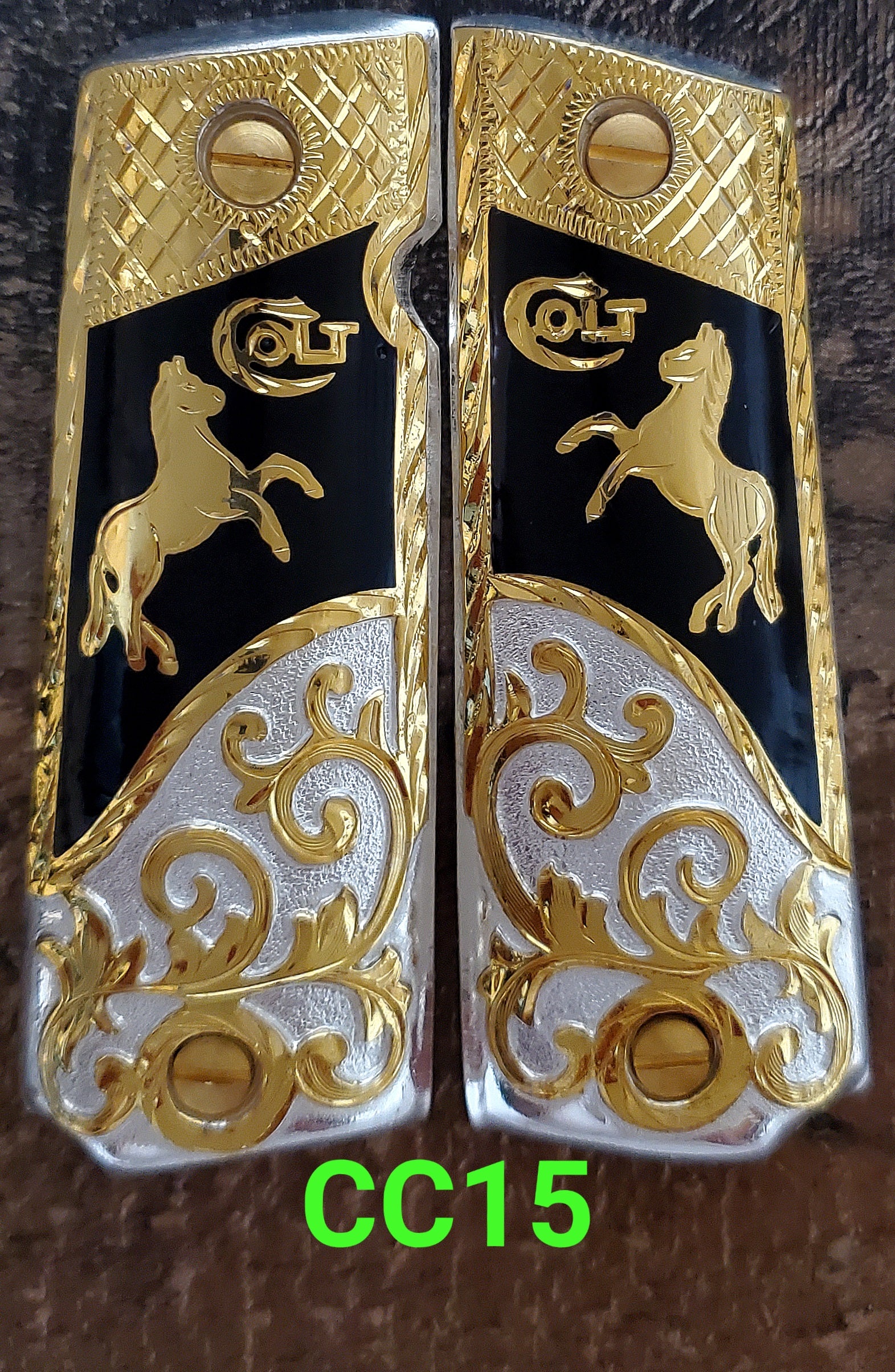 1911 caballitos logo narco mexican style government gun grips cachas 24k gold plated