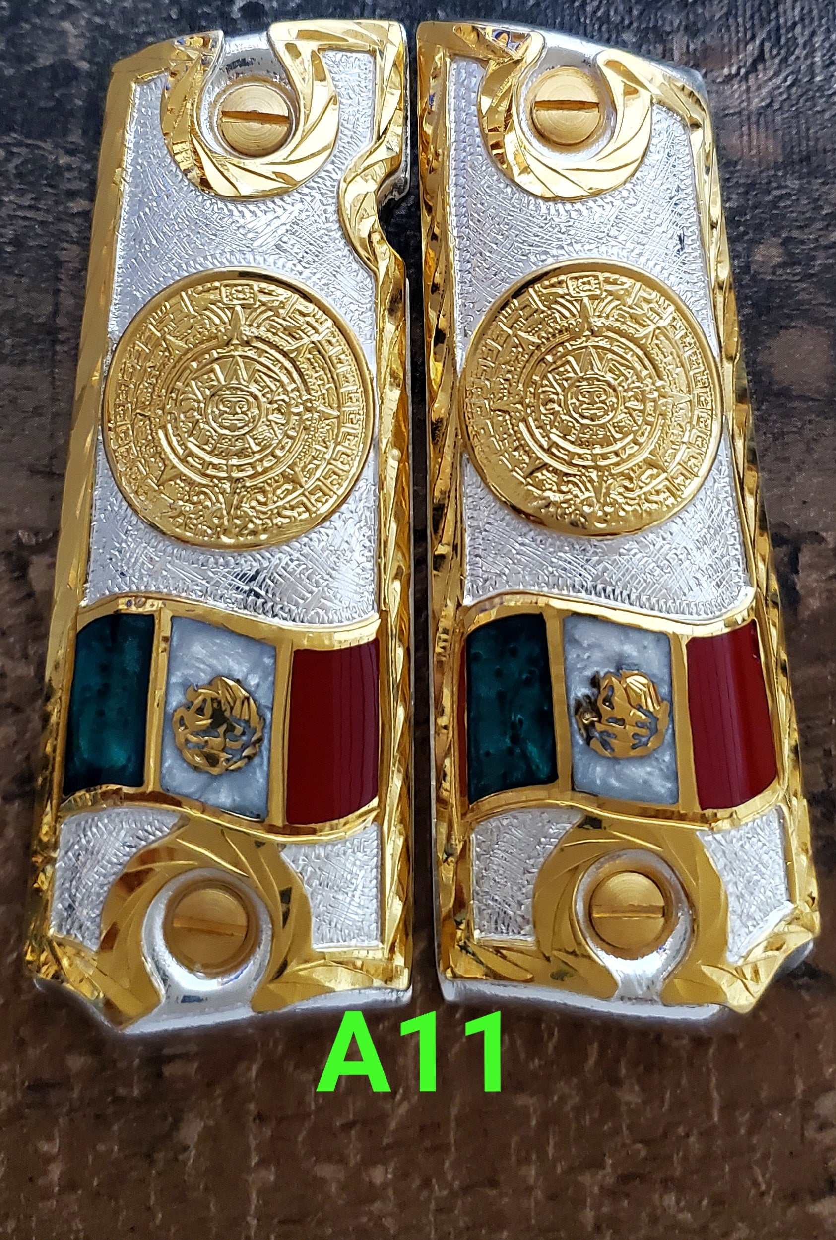 Calendario azteca cachas gun grips 1911full size custom engraved 24k gold plated