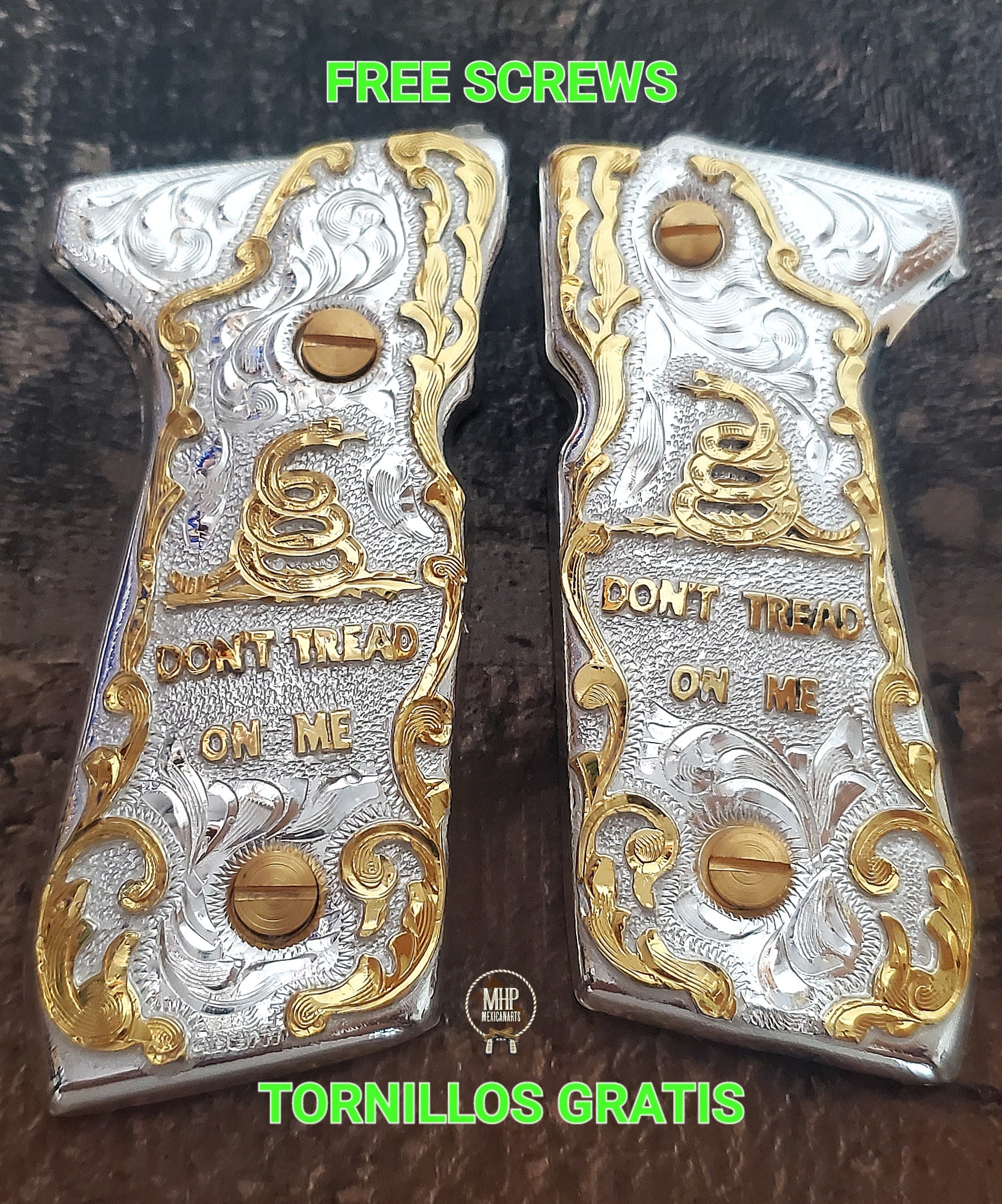 Dont tread on me cachas-gun-grips pietro beretta 92fs custom engraved 24k gold plated