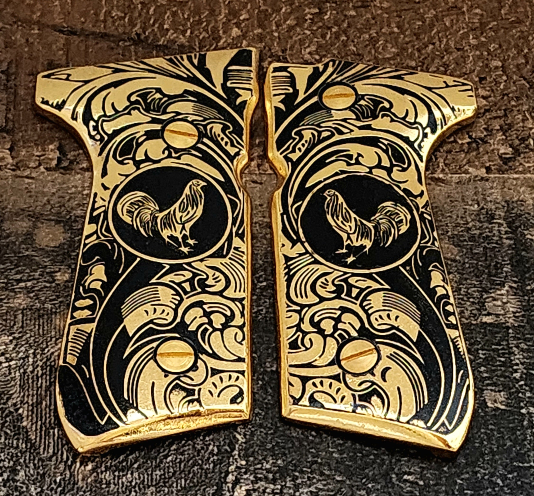 thumbnail image 2 of Handmade Mexican Eagle 24K Gold Plated Beretta 92FS Gun Grips – Silver, Gold, Green, Reed, White (Aguila Mexicana) 2 of 6