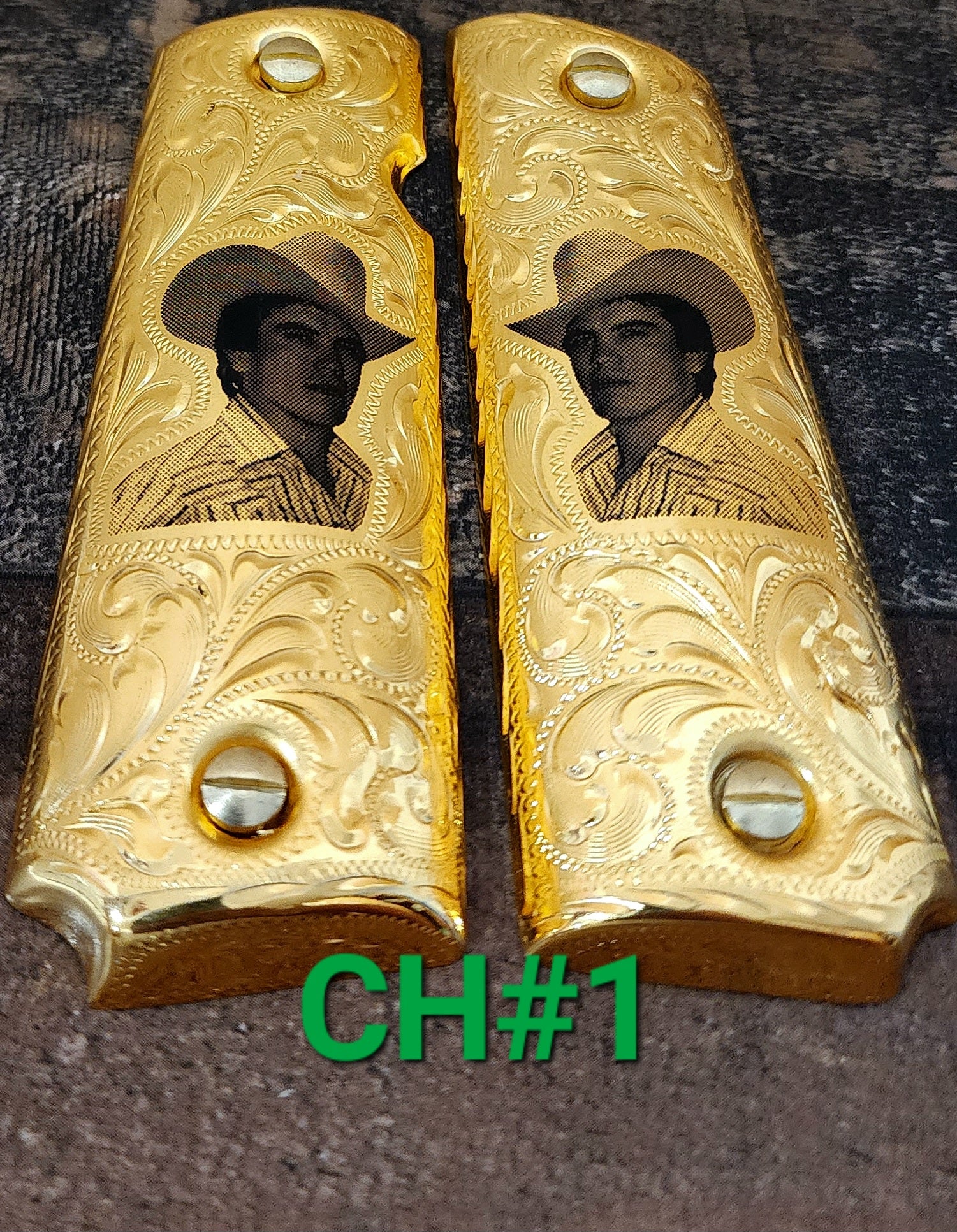 Chalino sanchez cachas 1911 full size narco mexican style govermment gun grips gold plated
