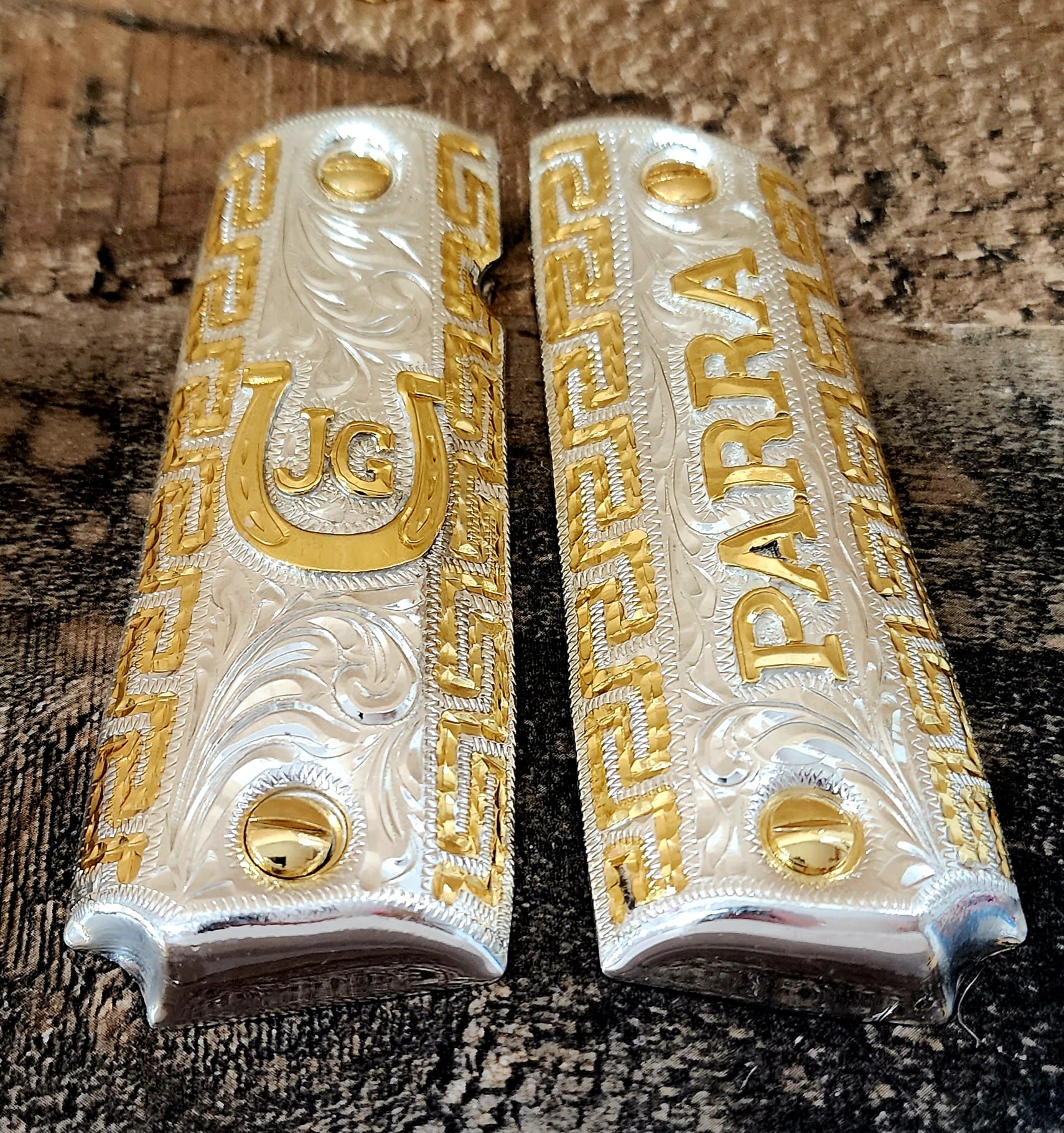 Custom order colt 1911, beretta 92fs, 92S, 92A1 Mexican style gold plated grips orden especial cachas Mexicanas chapa de oro