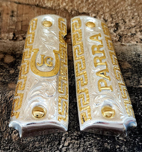 Custom order colt 1911, beretta 92fs, 92S, 92A1 Mexican style gold plated grips orden especial cachas Mexicanas chapa de oro