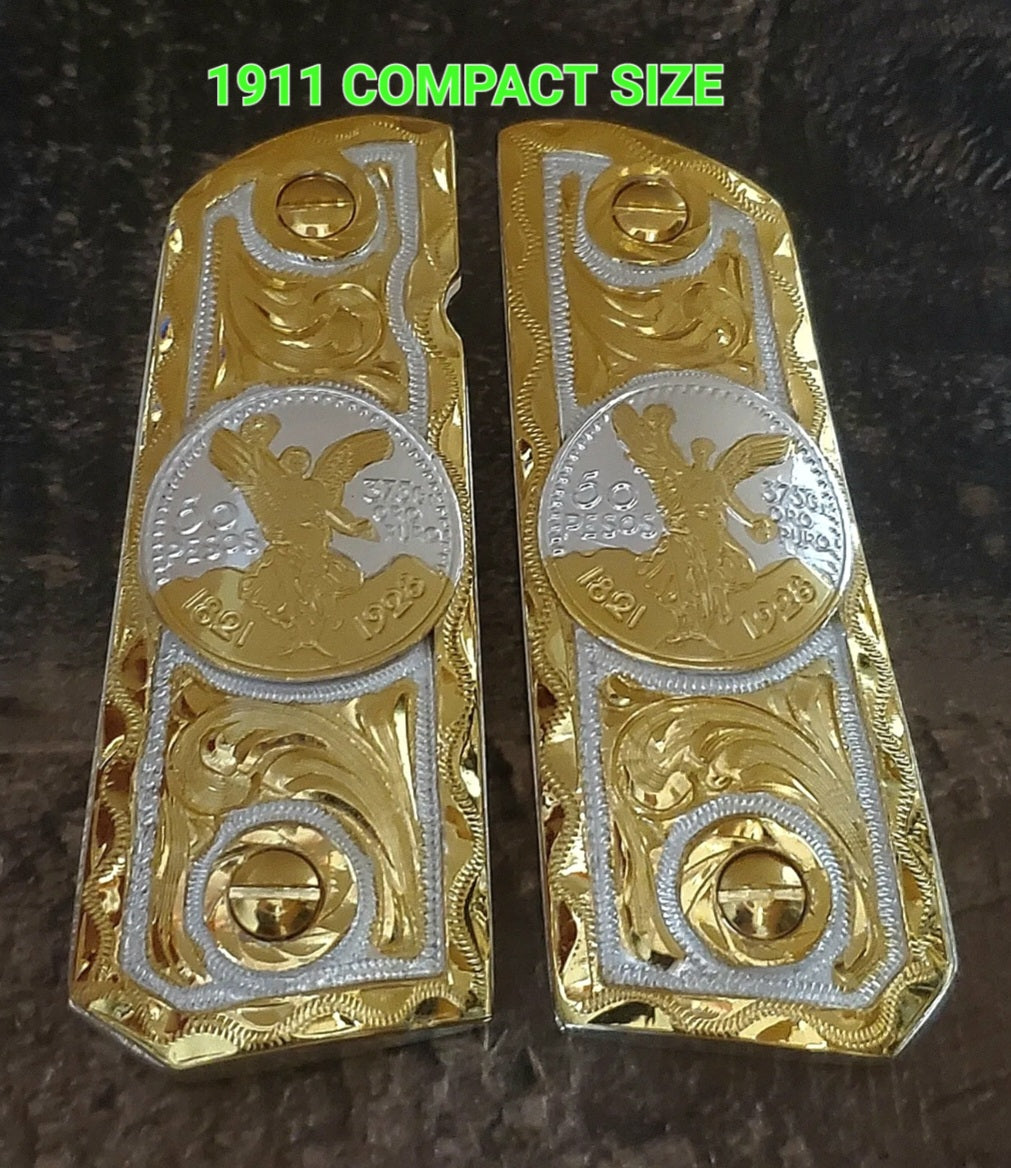 1911 compact size gun grips 24k gold plated cachas mexicanas chapeadas de oro