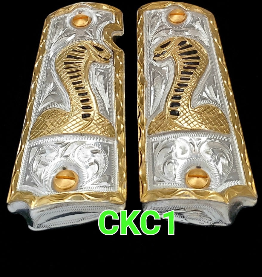 King cobra 1911 gun pistol grips, cachas artesanales gravadas a mano chapeadas de oro