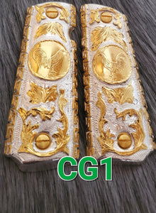 Gallos rooster palenque golden and silver 1911 full size mexican premium gun grips cachas gold plated