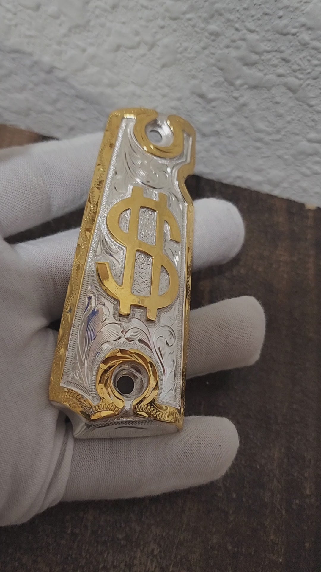 Money sign cachas dinero gravado style 1911 full size custom premium gun grips gold and silver plated