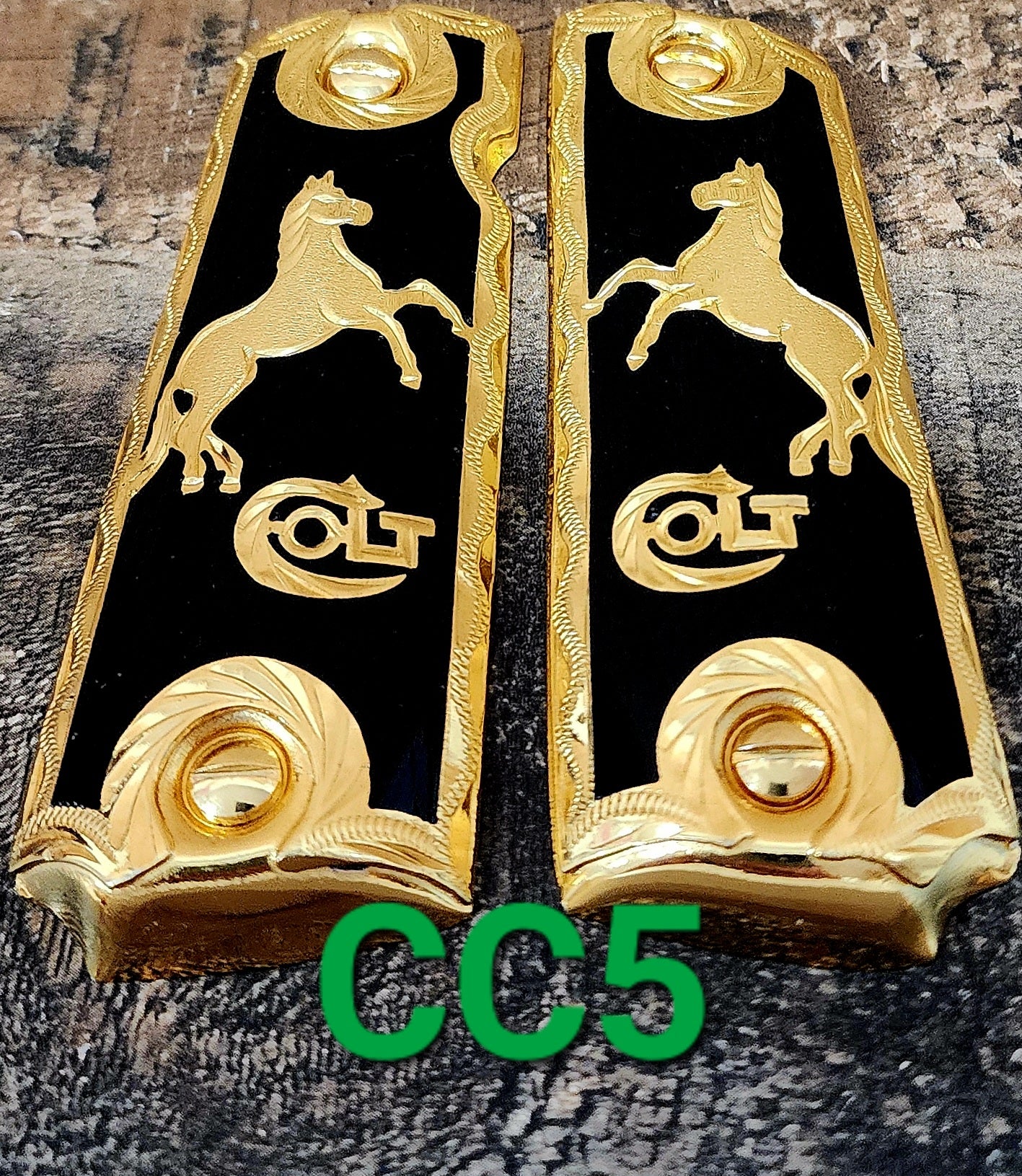 1911 caballitos logo narco mexican style government gun grips cachas 24k gold plated
