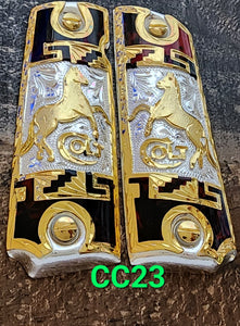 1911 caballitos logo narco mexican style government gun grips cachas 24k gold plated