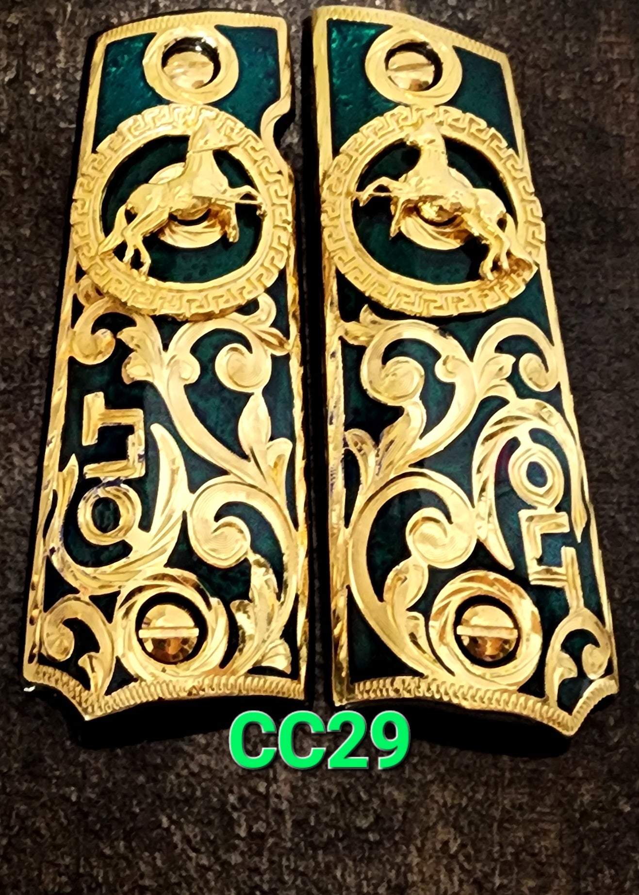 1911 caballitos logo narco mexican style government gun grips cachas 24k gold plated