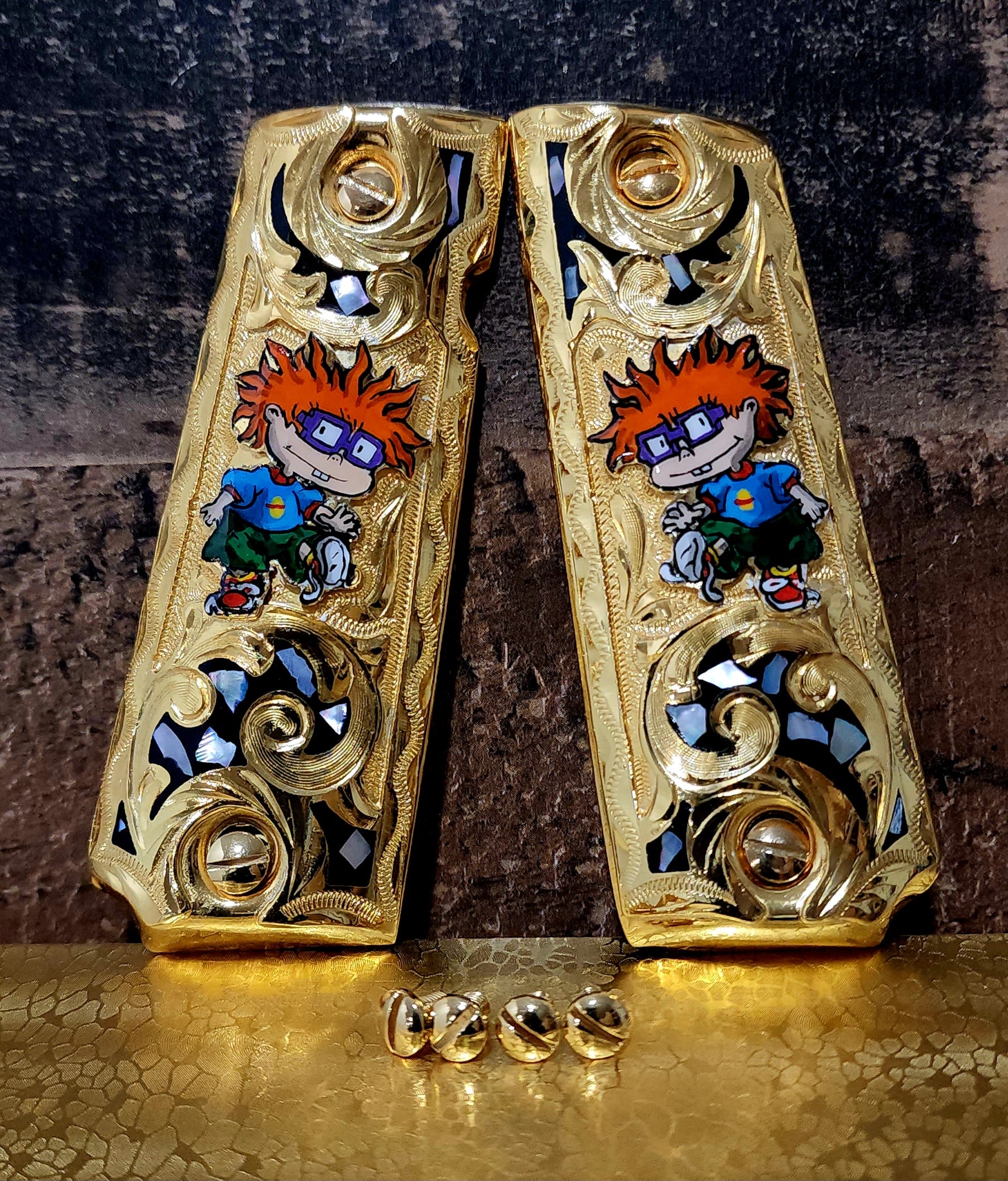 Rugrats carlitos aventuras en pańales chuckie cachas Mexicanas gravado style 1911 full size custom premium gun grips gold plated