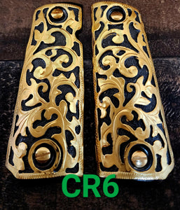 Floral rameado style 1911 full size custom premium gun grips cachas gold and silver plated