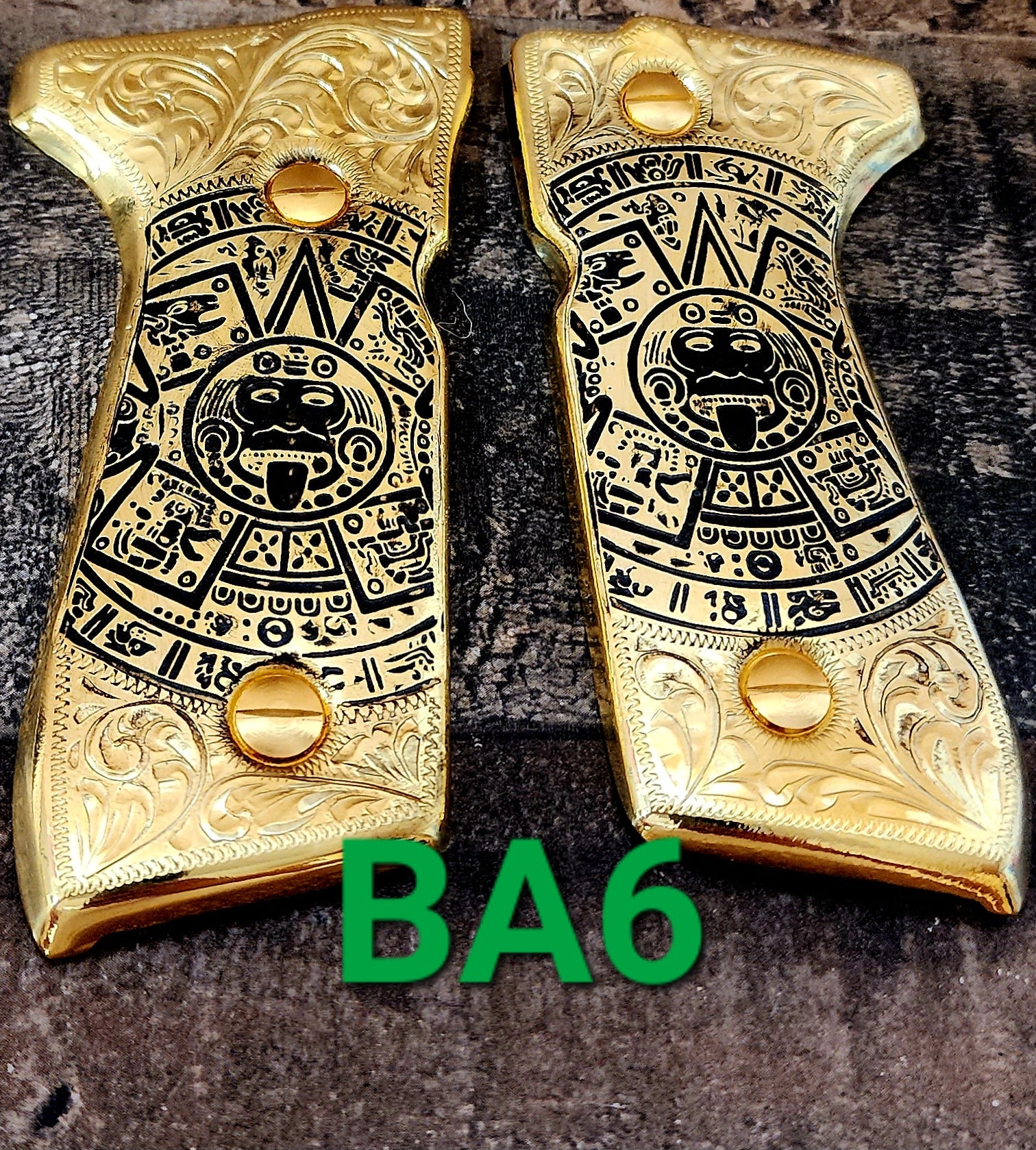 Calendario azteca premium custom made beretta 92fs cachas pistol grips 24k gold Plated