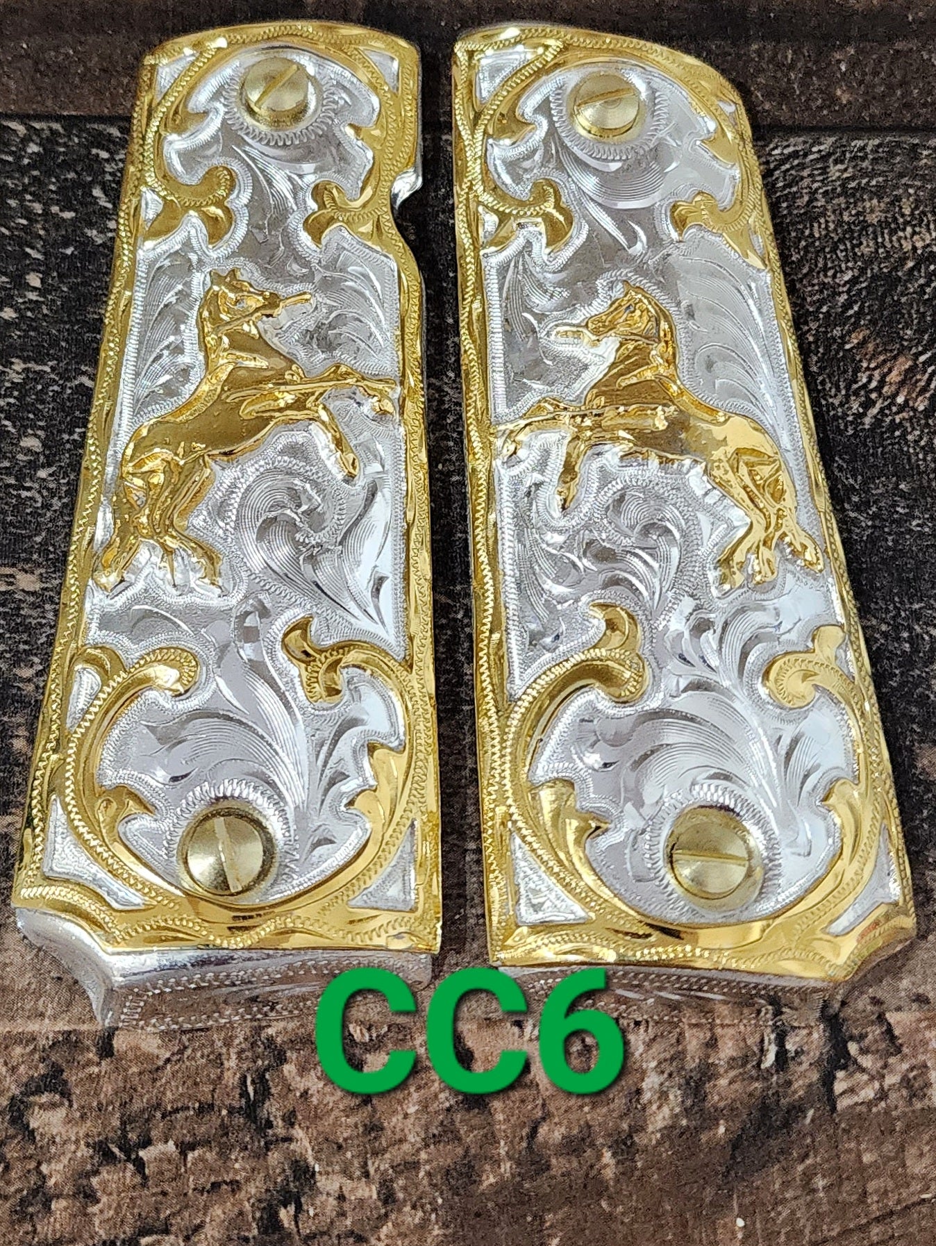 1911 caballitos logo narco mexican style government gun grips cachas 24k gold plated