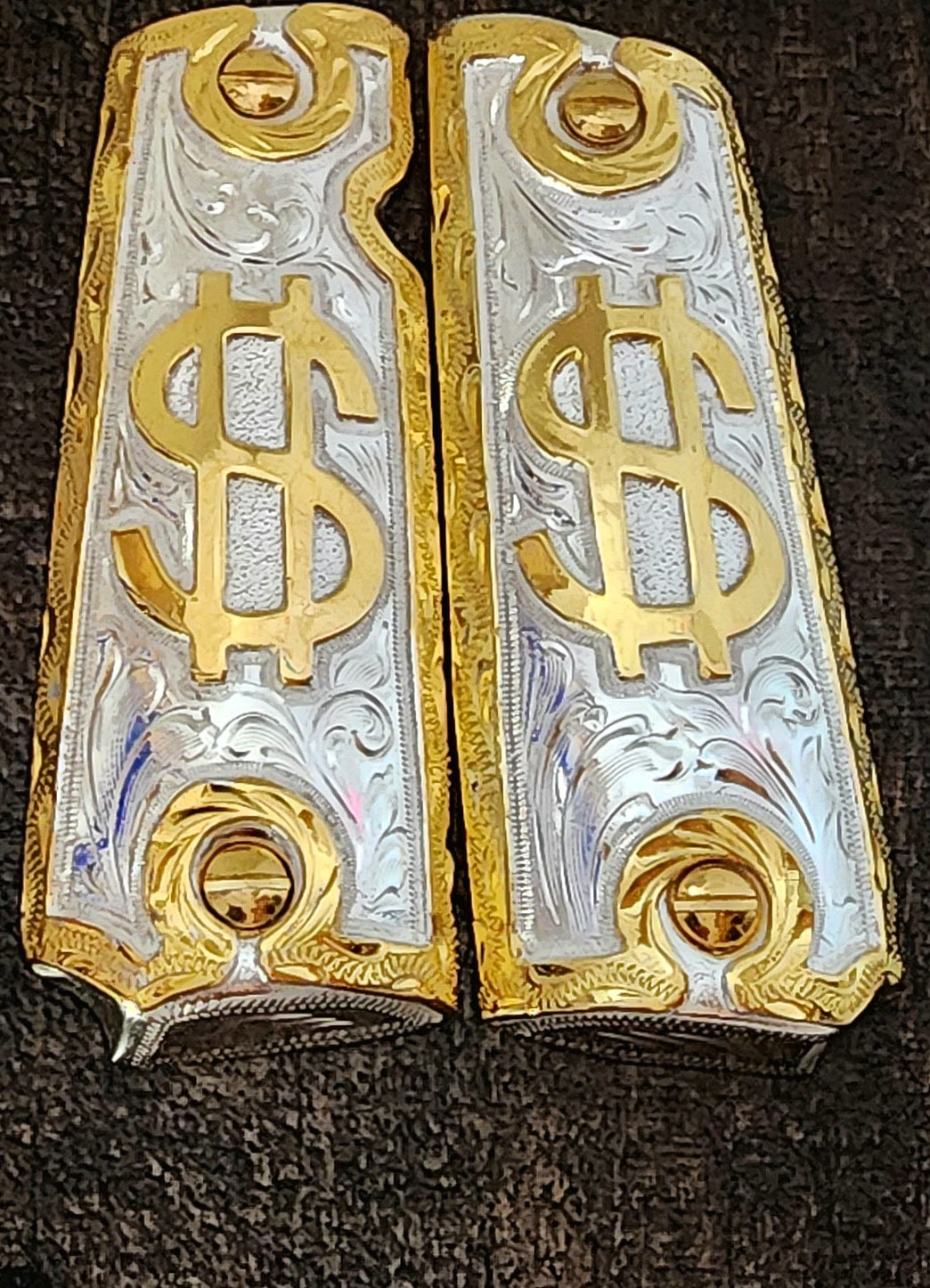 Money sign cachas dinero gravado style 1911 full size custom premium gun grips gold and silver plated