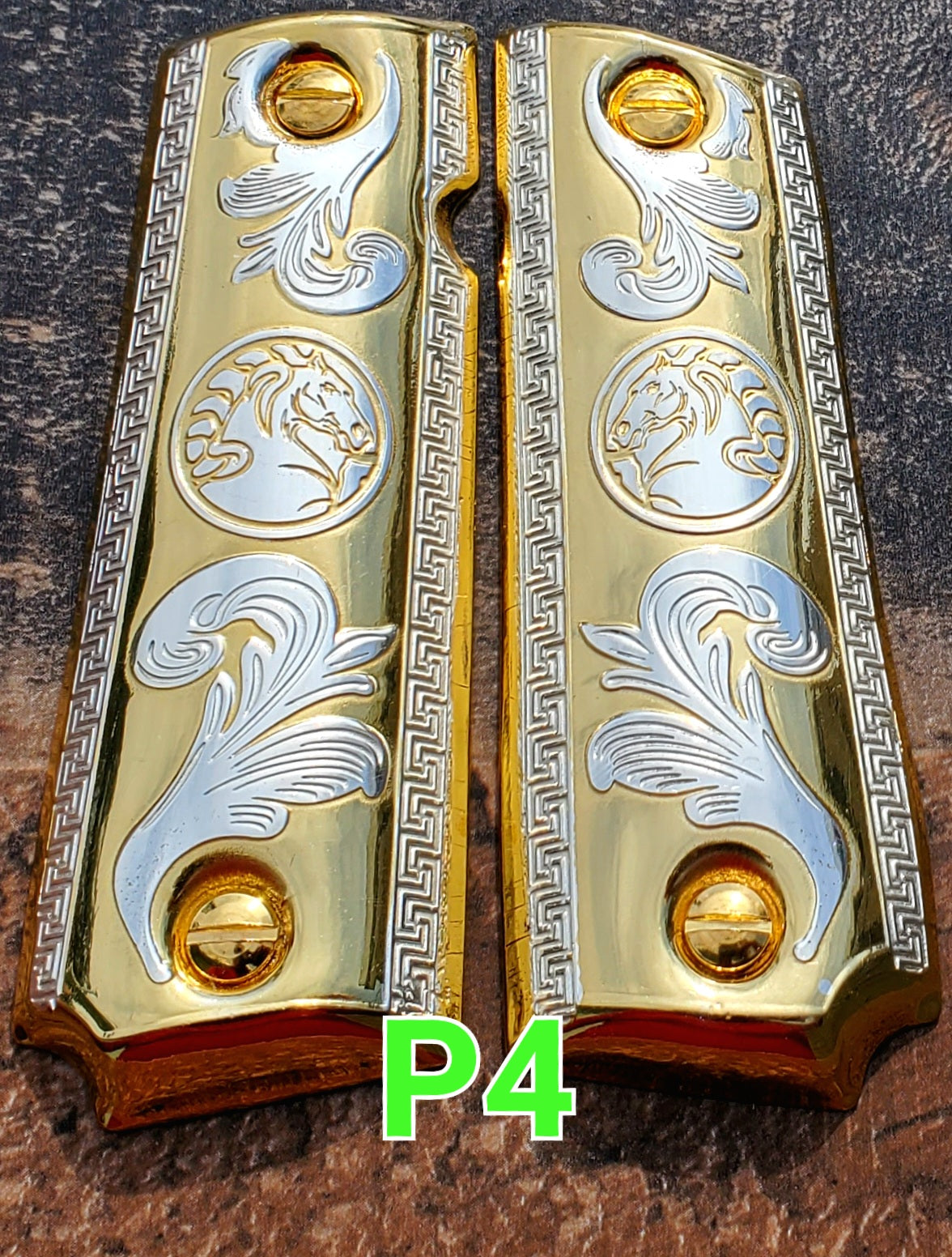 Cachas caballlos horse potros caballitos herraduras 1911 full size mexican narco style gun grips gold plated