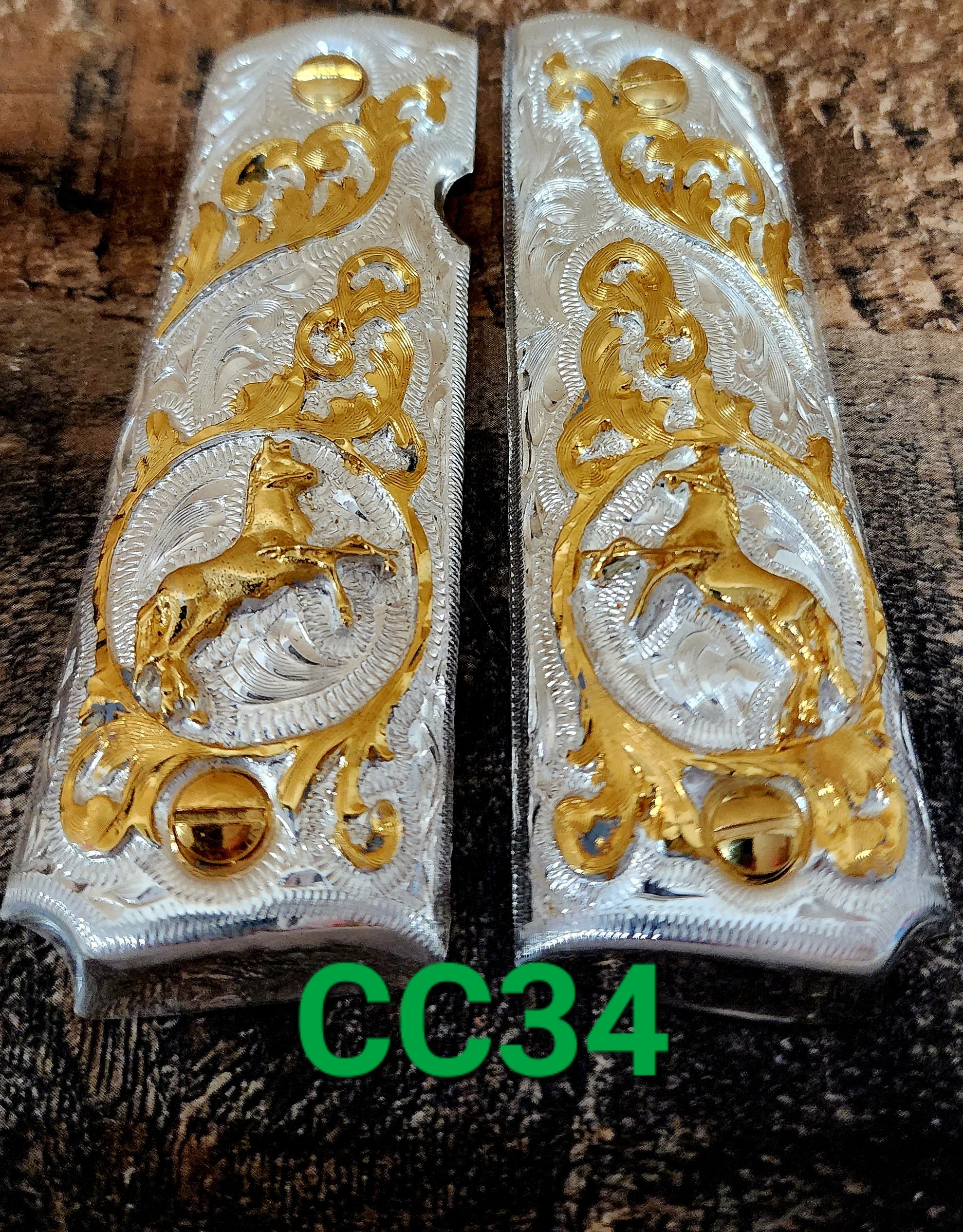 1911 caballitos logo narco mexican style government gun grips cachas 24k gold plated