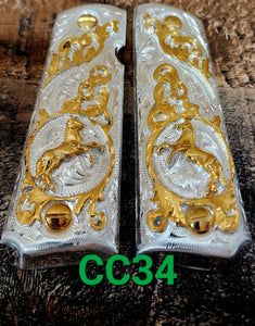 1911 caballitos logo narco mexican style government gun grips cachas 24k gold plated