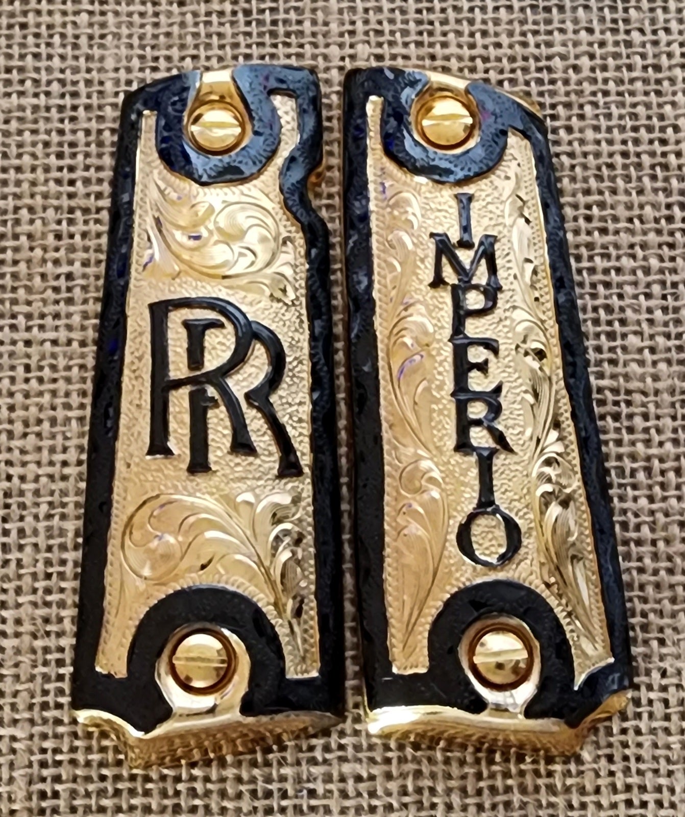 RR Imperio cachas Mexican gravado style 1911 full size custom premium gun grips gold and black plated