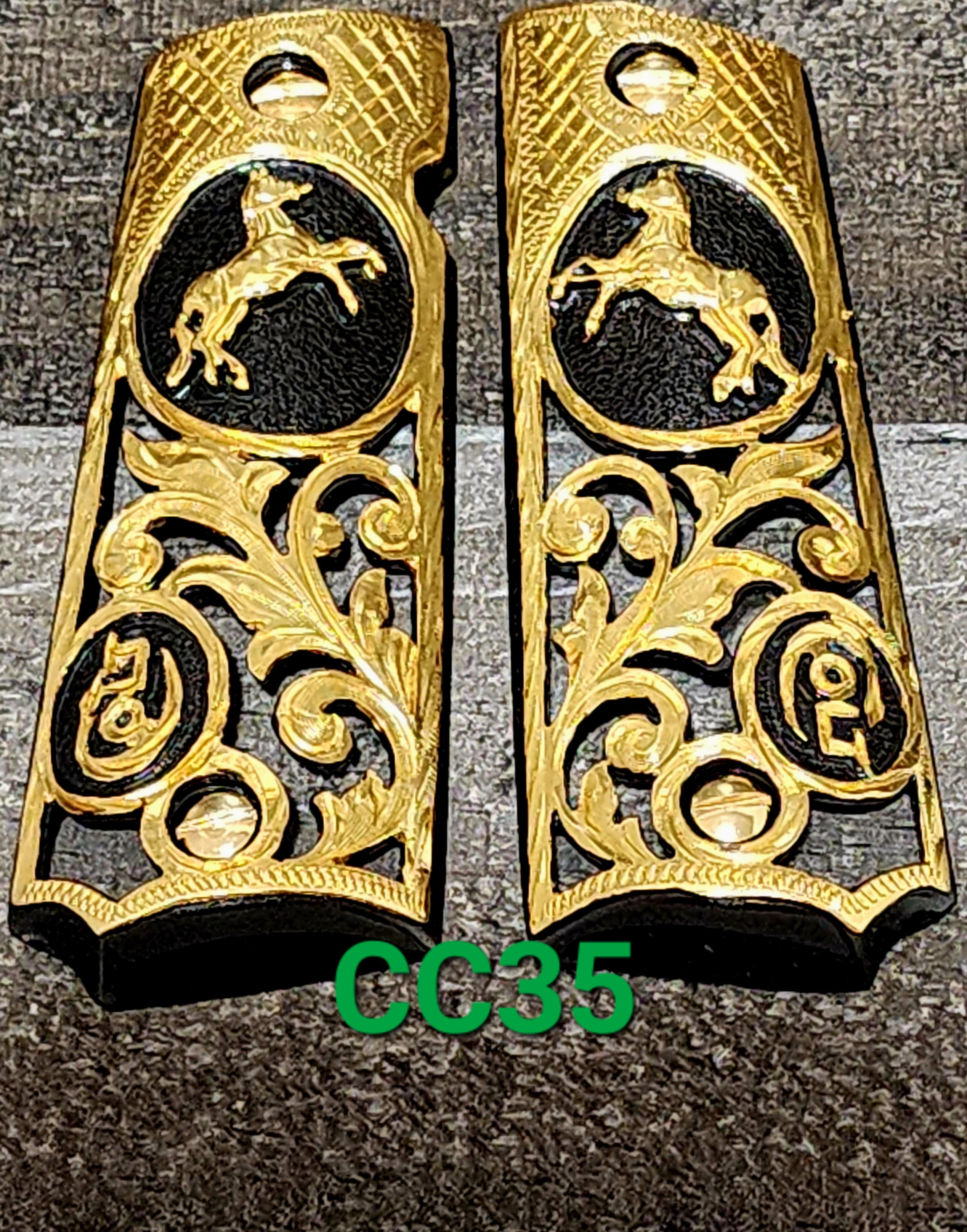1911 caballitos logo narco mexican style government gun grips cachas 24k gold plated