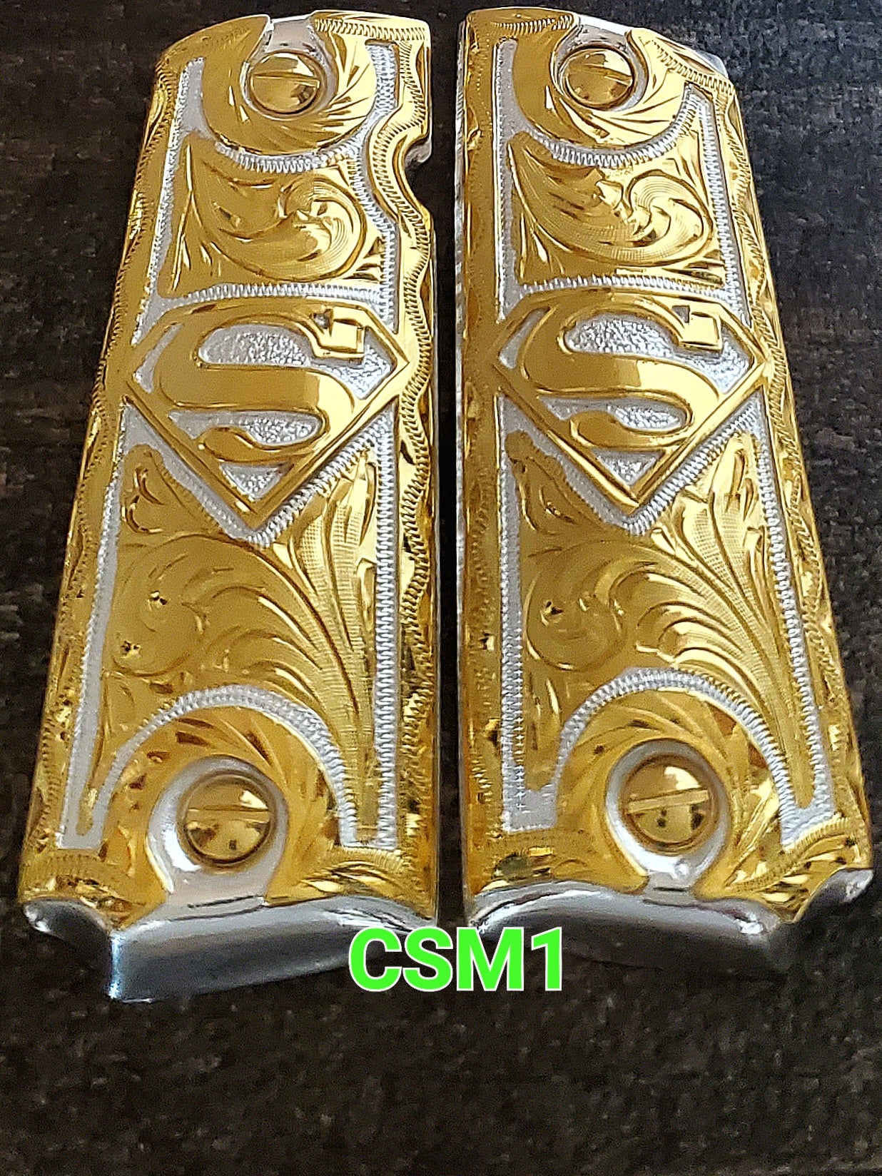 Superman Cachas 1911 full size mexican luxury style gun grips narco premium goodies 24k gold plated