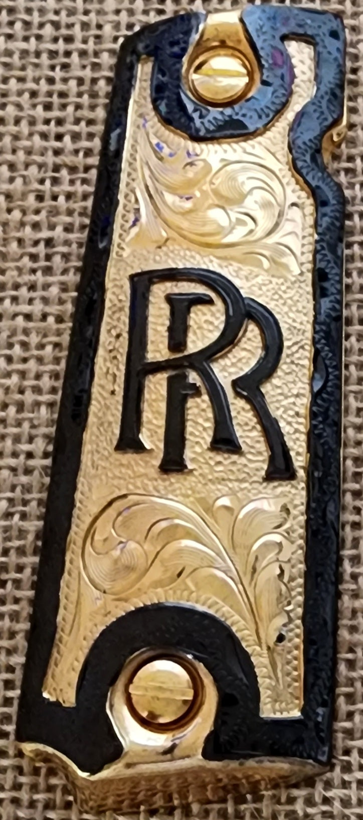 RR Imperio cachas Mexican gravado style 1911 full size custom premium gun grips gold and black plated