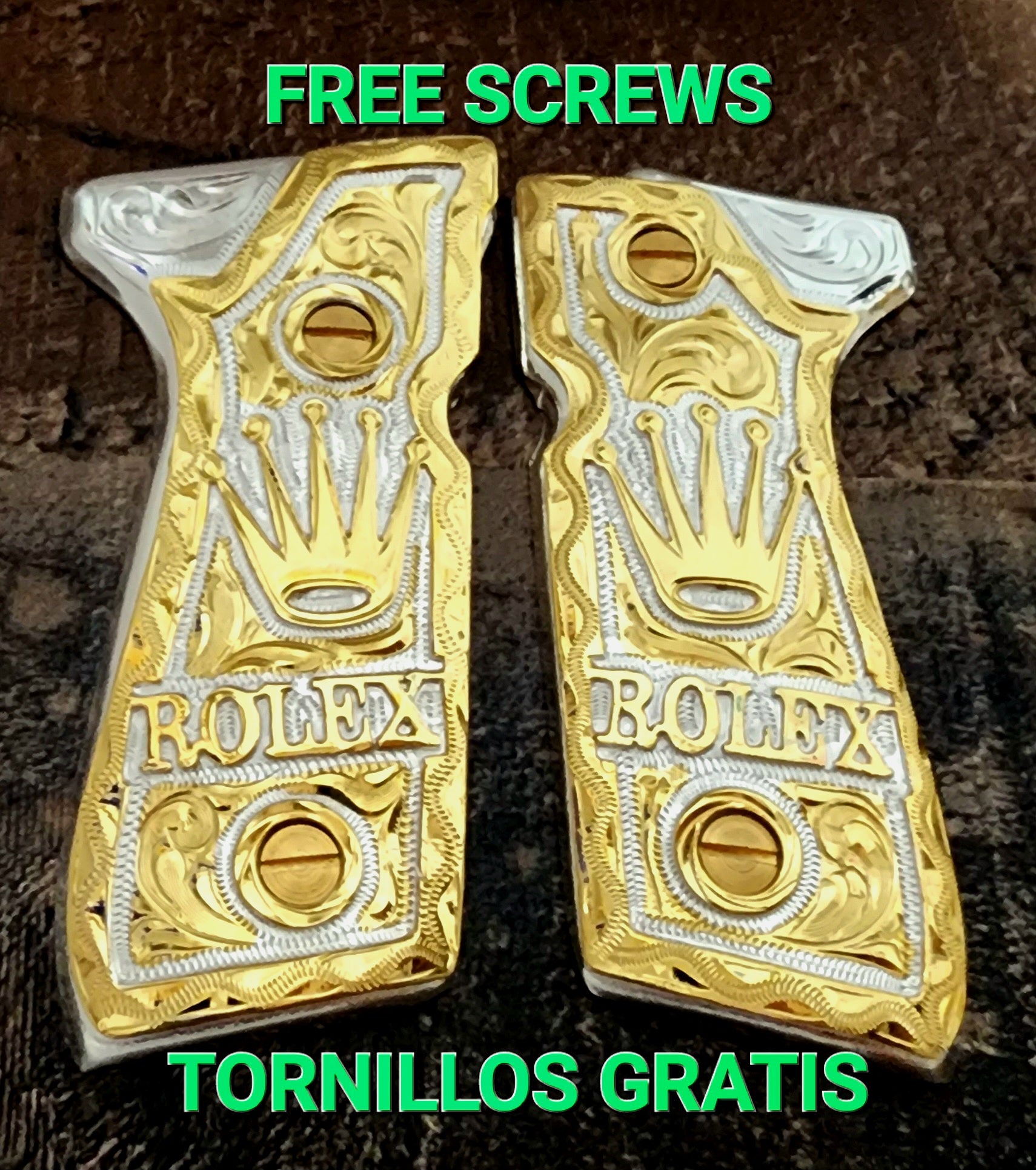 Rolex Beretta 92fs 9mm premium custom made cachas pistol grips 24k gold Plated