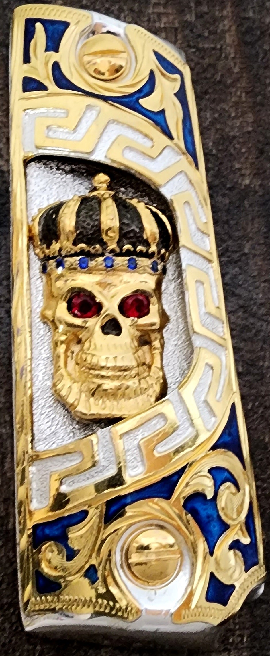 Skull in Crown rey calavera zirconias floral rameado style 1911 full size custom premium gun grips cachas gold and silver plated