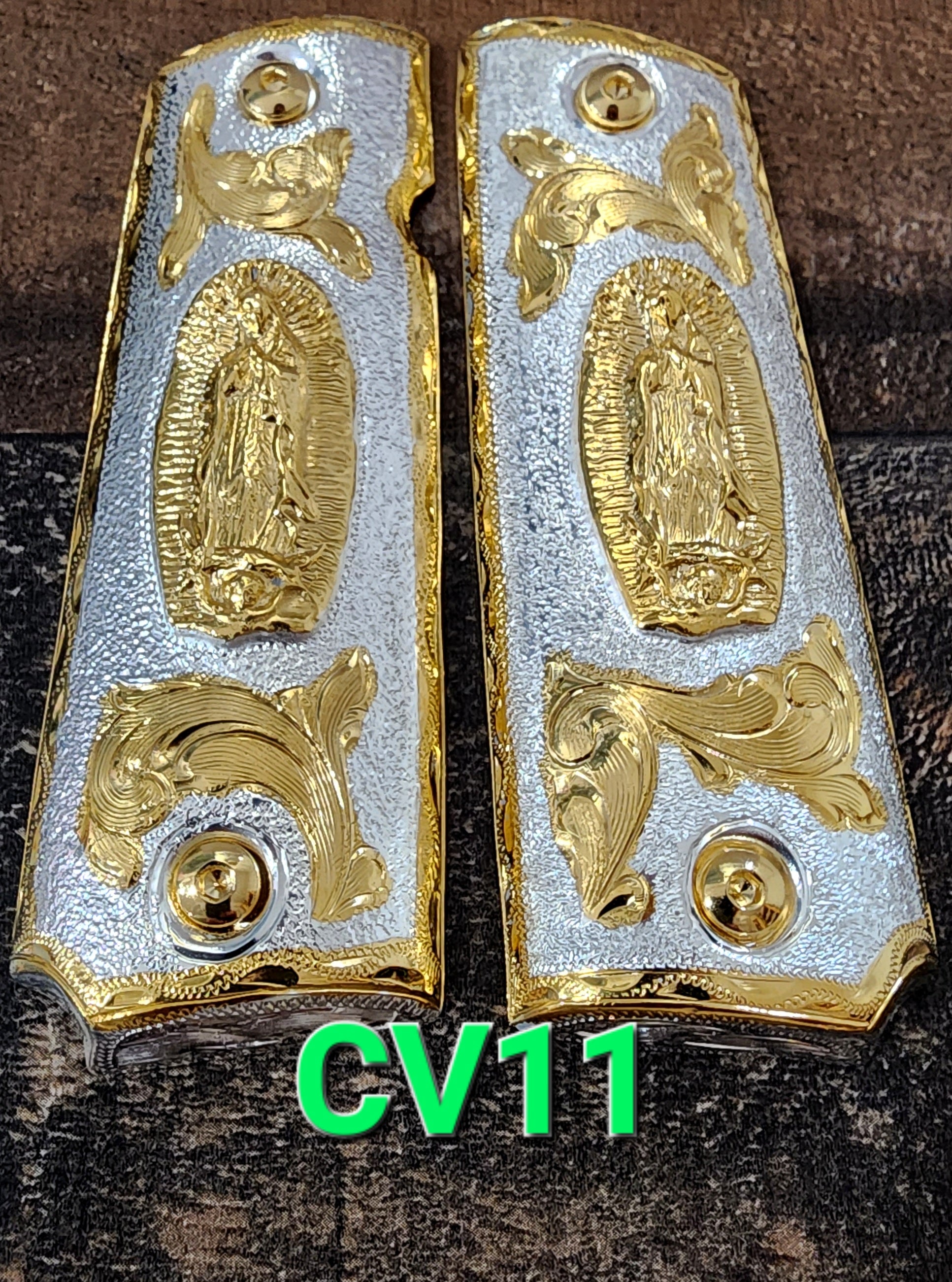 1911 cachas virgen mexican style government gun virgin mary grips 24k gold plated