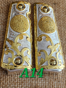 Calendario azteca cachas gun grips 1911full size custom engraved 24k gold plated