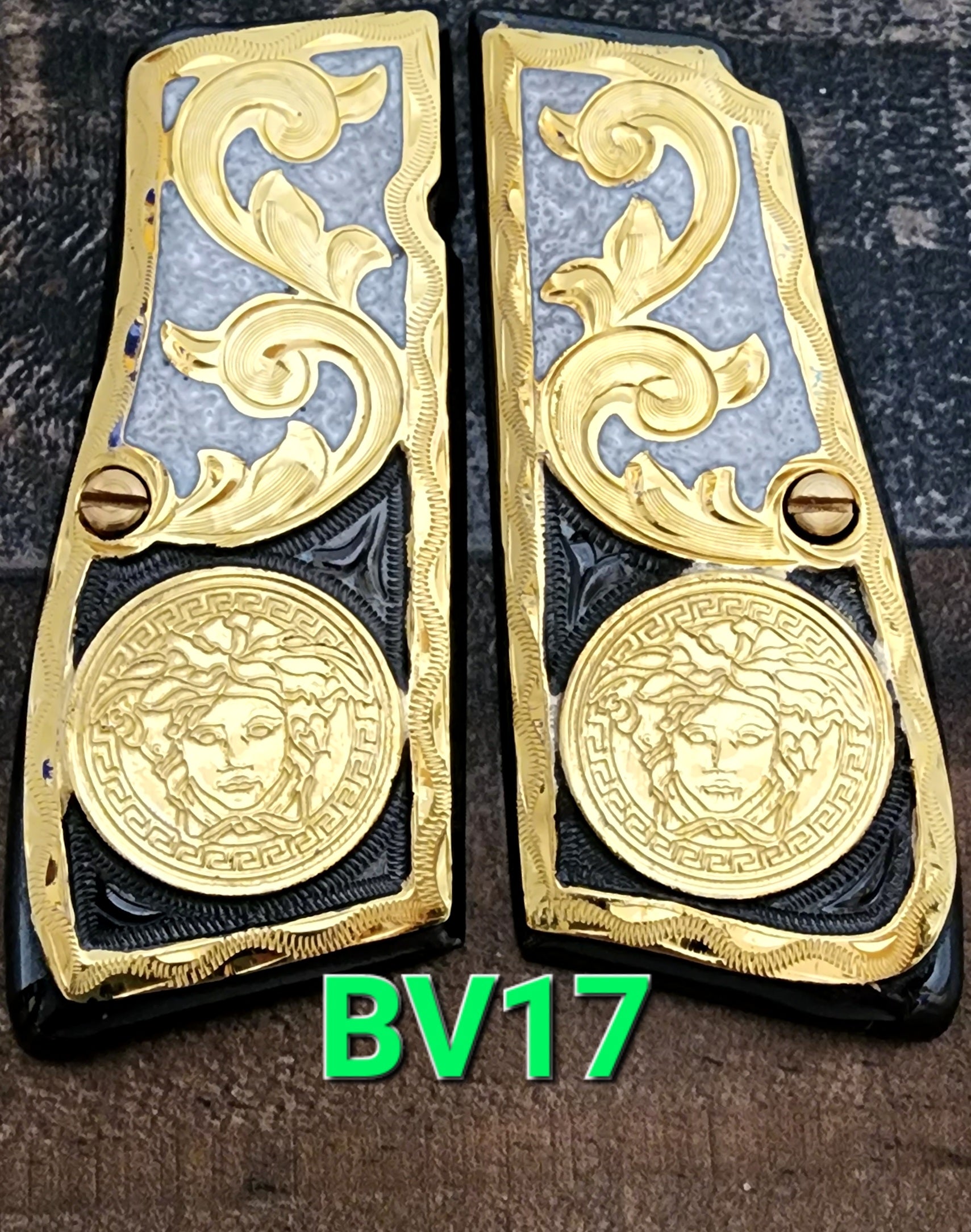 Browning highpower many mexican style grips cachas Handmade engraved 24k gold plated