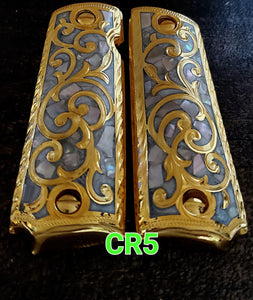 Floral rameado style 1911 full size custom premium gun grips cachas gold and silver plated