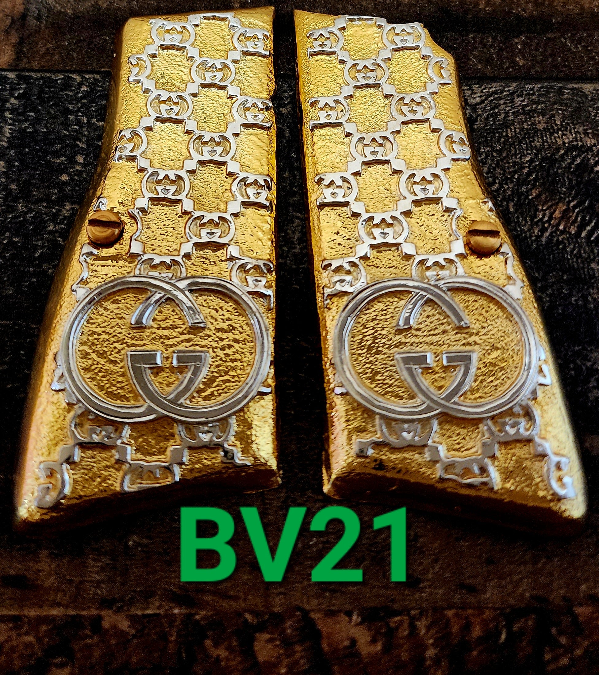 Browning highpower many mexican style grips cachas Handmade engraved 24k gold plated