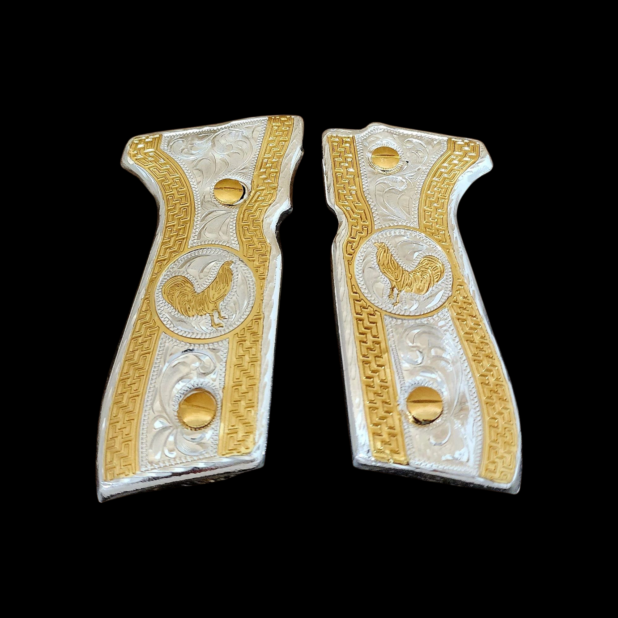Rooster gallos Beretta 92fs mexican style cachas grips custom 24k gold plated