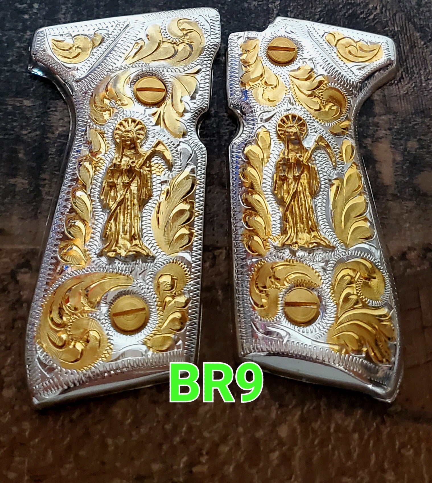 Santa muerte Reaper Beretta 92fs cachas 24k gold Plated best mexican engraved Grips