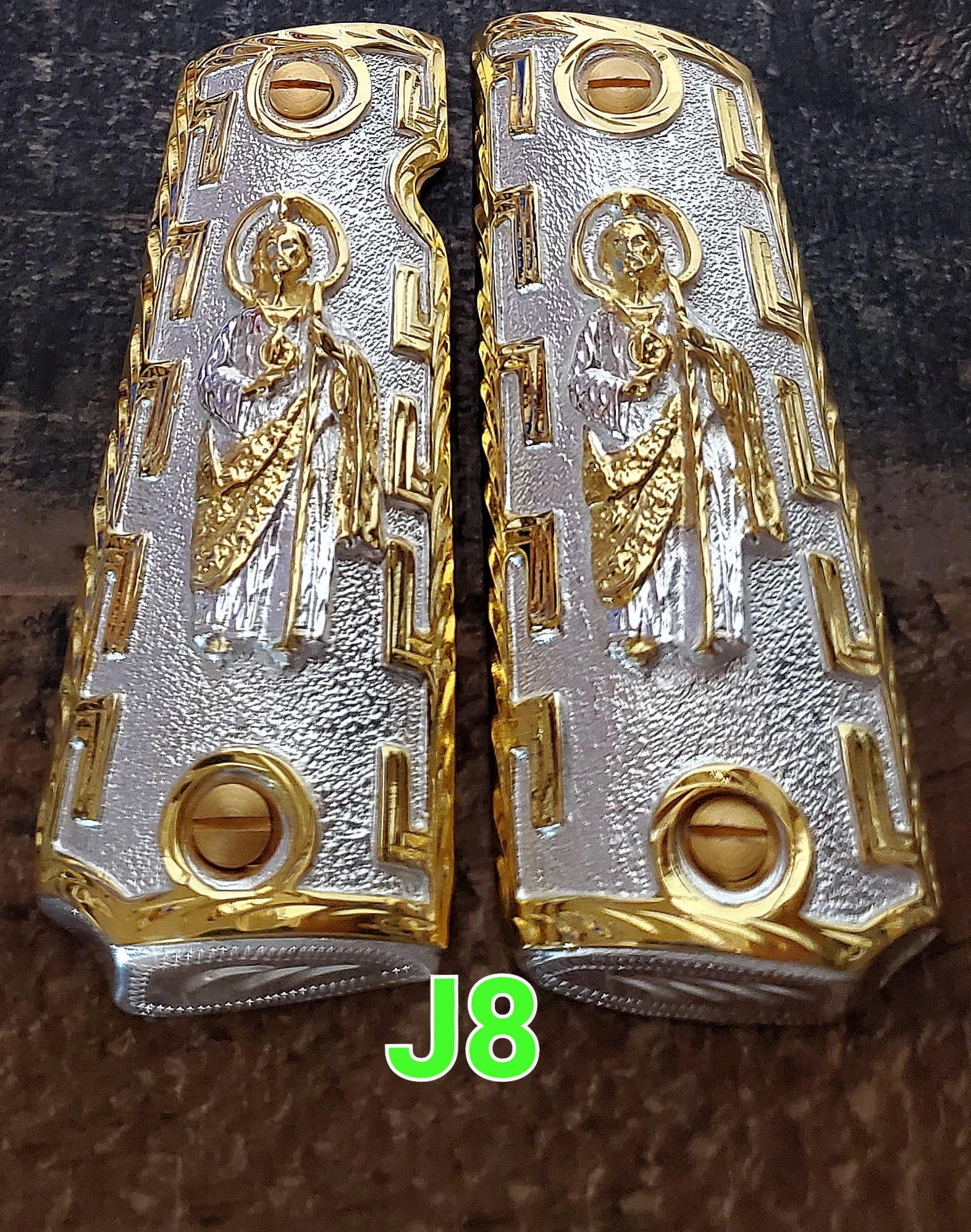 Cachas 1911 saint Jude narco mexican style government gun grips cachas 24k gold plated