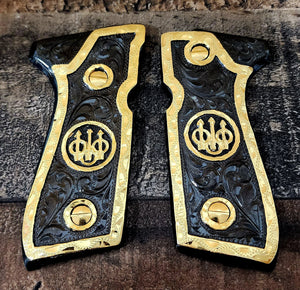 Beretta 92fs 9mm logo black,red,blue,silver,brown,golden and rose gold custom made cachas pistol grips 24k gold Plated