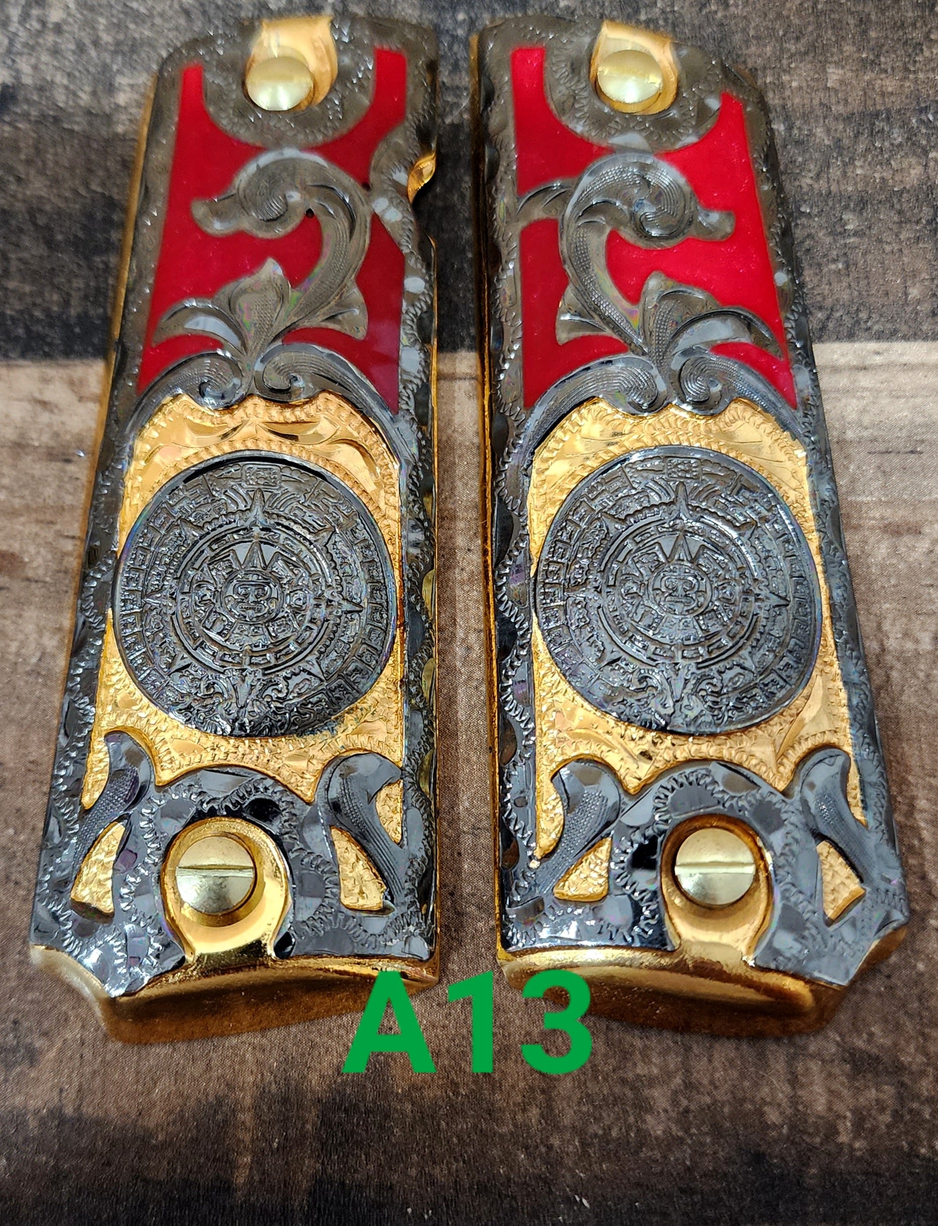 Calendario azteca cachas gun grips 1911full size custom engraved 24k gold plated