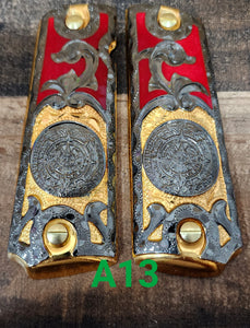 Calendario azteca cachas gun grips 1911full size custom engraved 24k gold plated