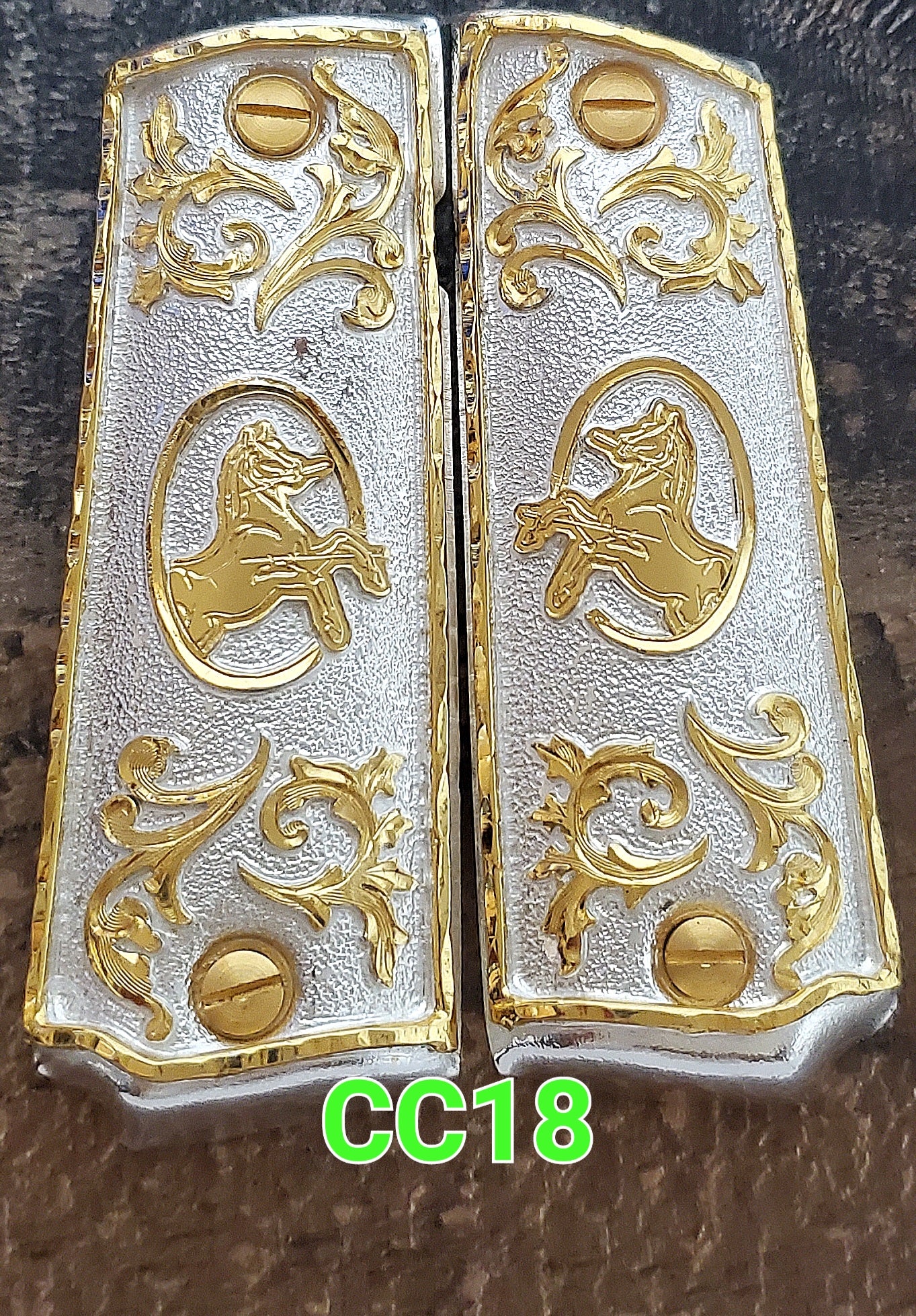 1911 caballitos logo narco mexican style government gun grips cachas 24k gold plated