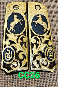 1911 caballitos logo narco mexican style government gun grips cachas 24k gold plated