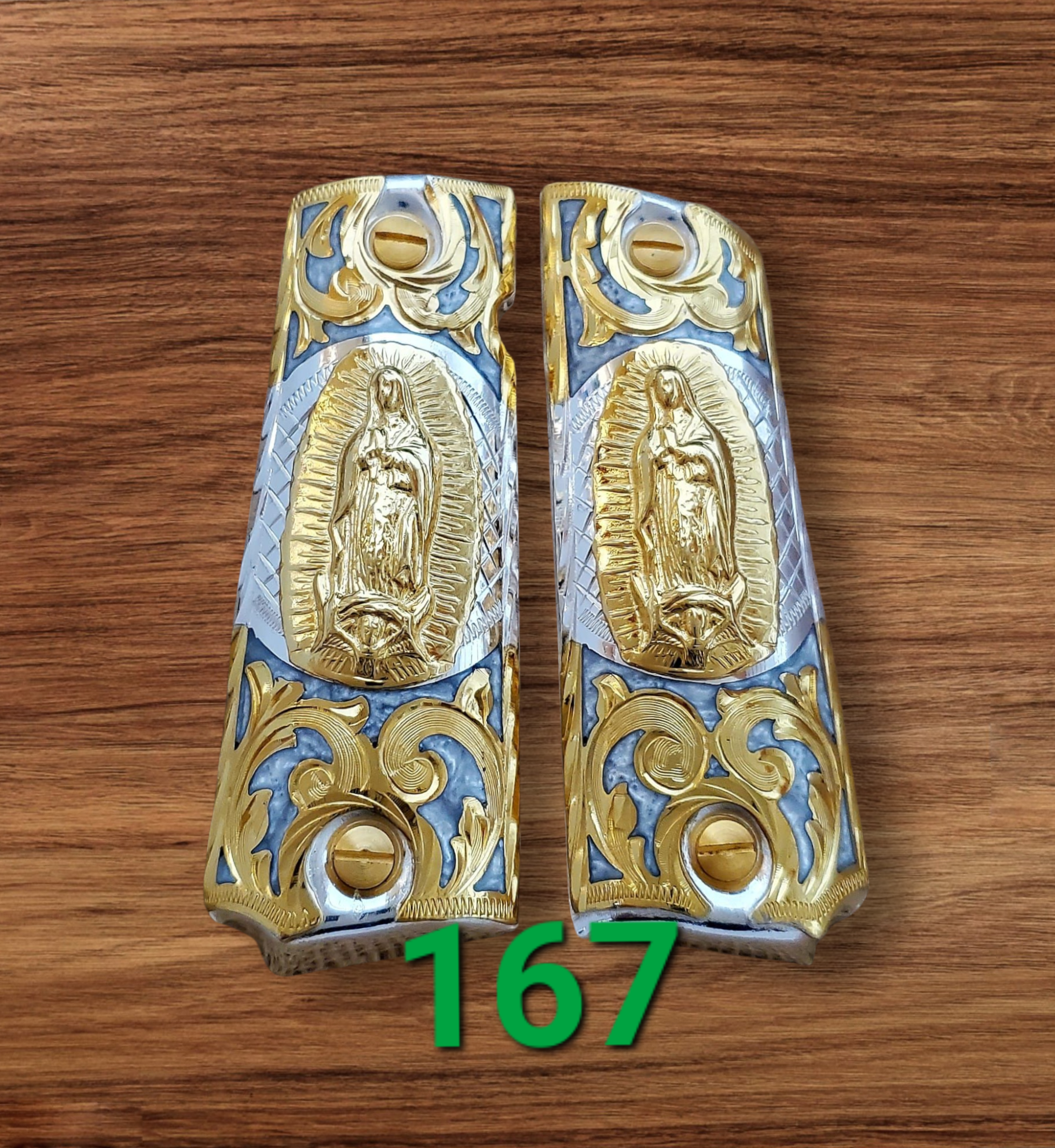 1911 cachas virgen mexican style government gun virgin mary grips 24k gold plated