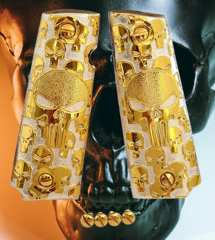 The punisher el castigador Cachas 1911 gun pistol grips artesanales gravadas a mano chapeadas de oro