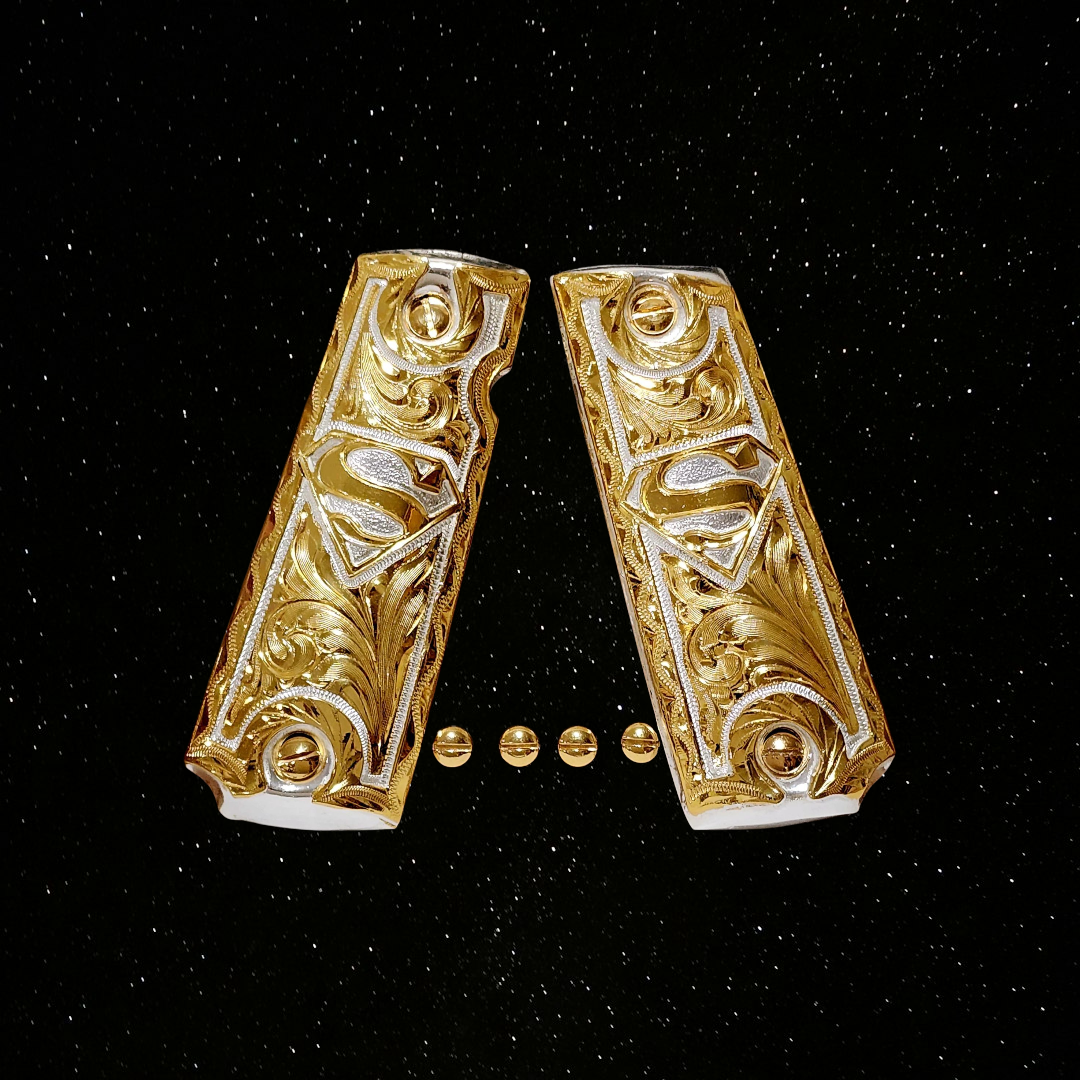 Superman Cachas 1911 full size mexican luxury style gun grips narco premium goodies 24k gold plated